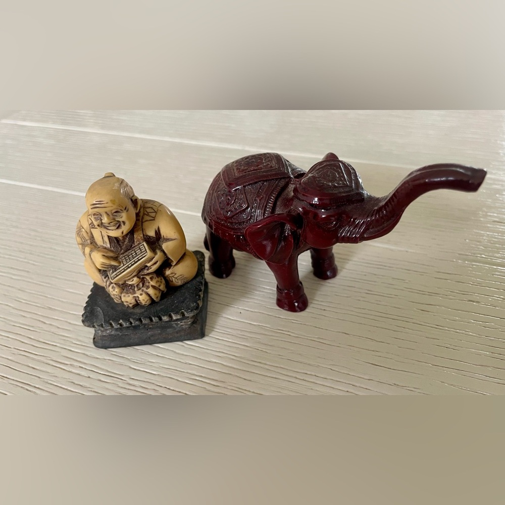 Japanese Netsuke Okimono Figurine and Lucky Oriental Red Elephant